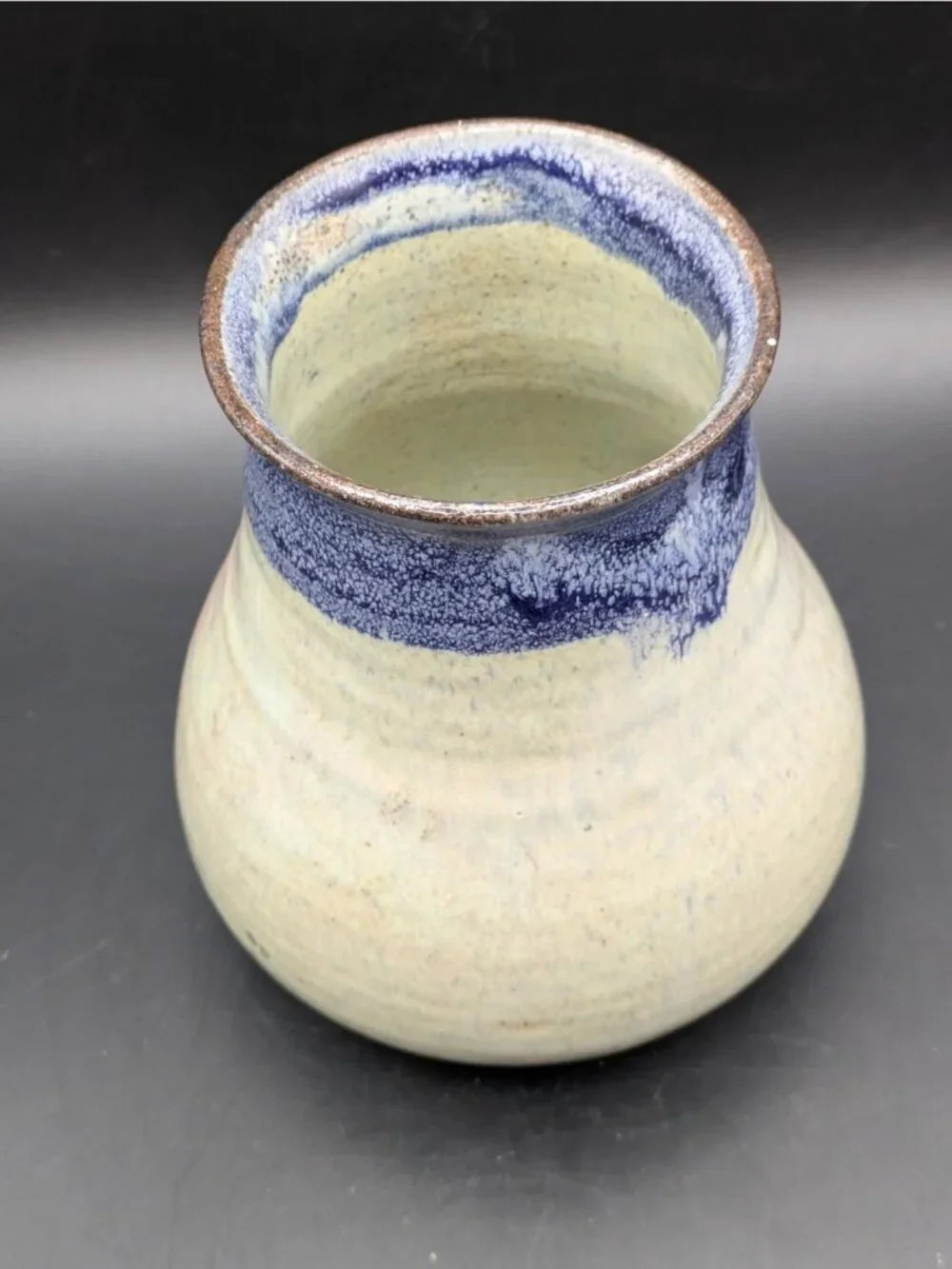 Studio Art Pottery Vase Wide Bottom Blue Glaze Stripe Artist Signed 6.25